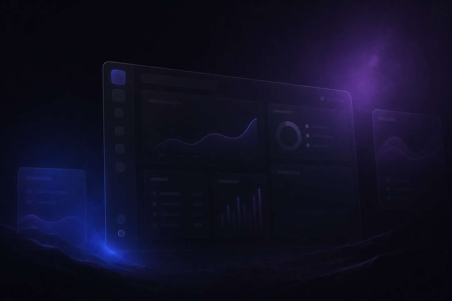 SaaS dashboard mockup with deep charcoal UI, electric indigo charts, and glassmorphic panels.