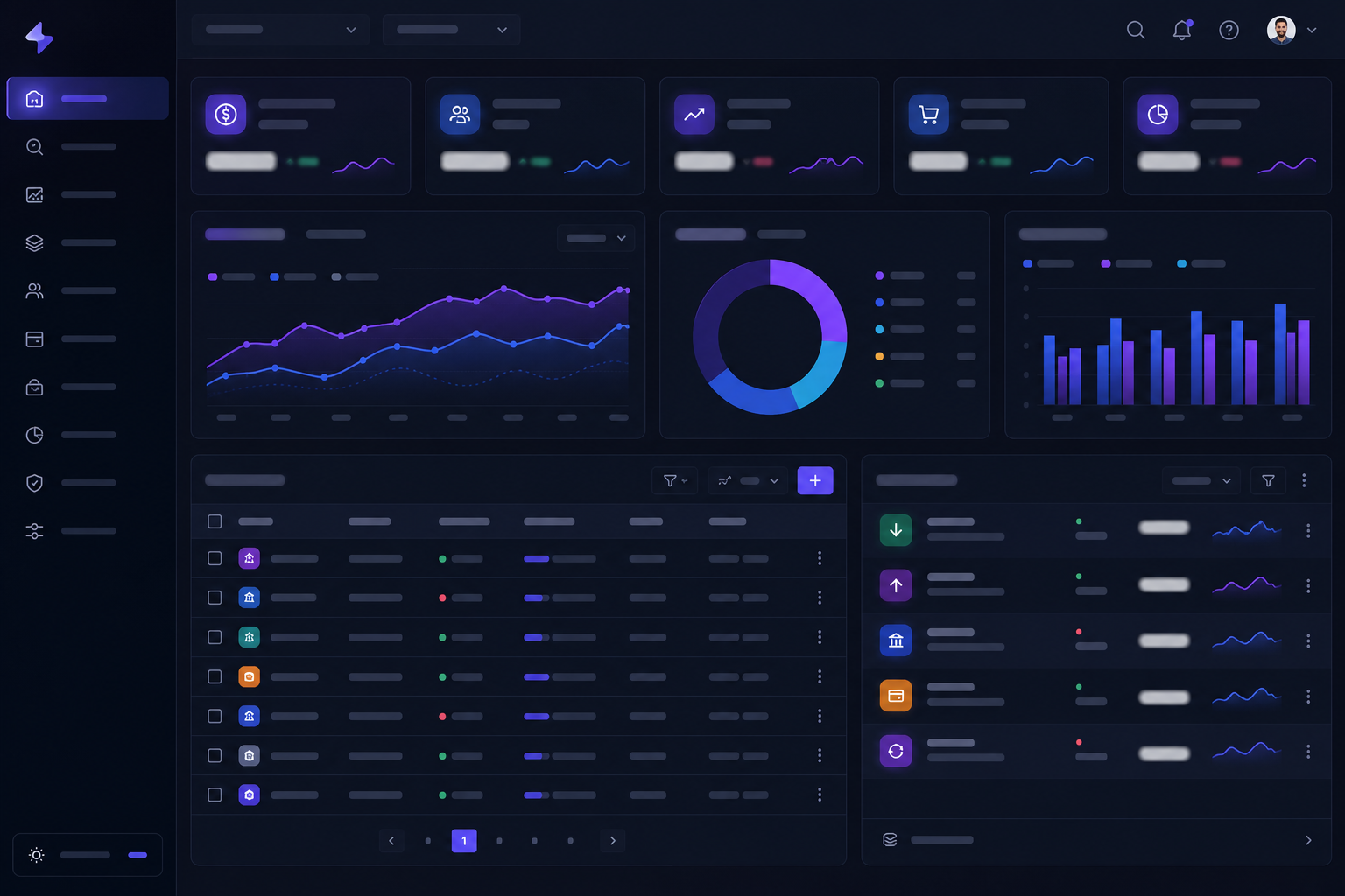 Operations dashboard with ledger tables and indigo KPI tiles in dark UI.