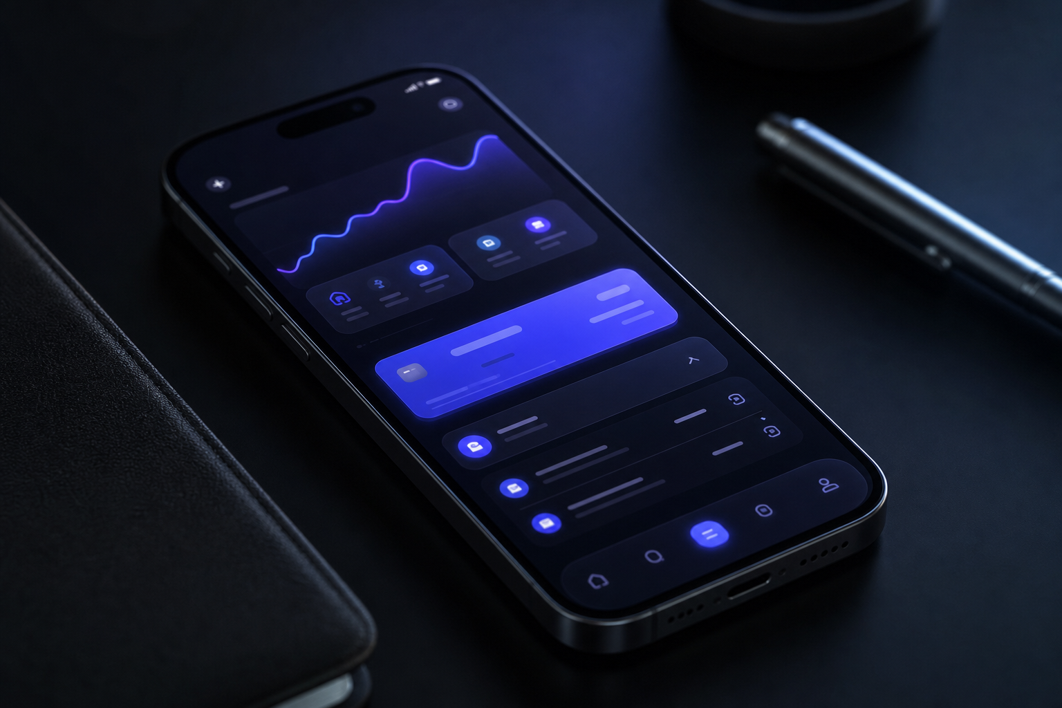 Fintech mobile app mockup in dark mode with electric indigo accents and glass UI.