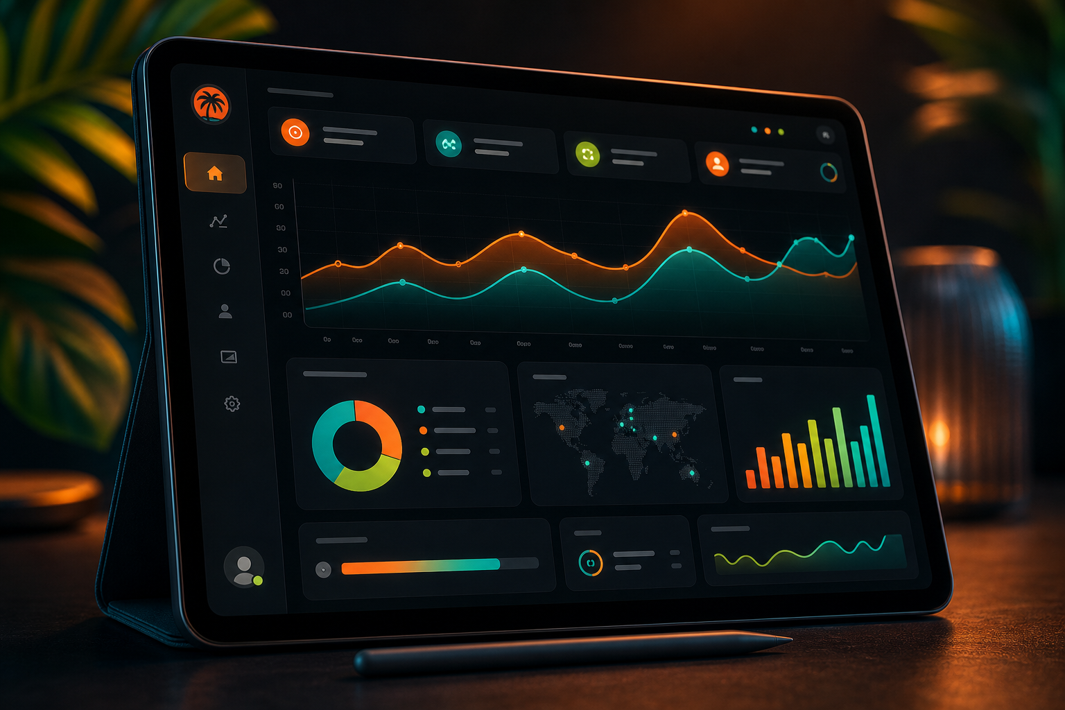 SaaS dashboard on a tablet with financial data, purple-to-blue gradients, and glassmorphic cards.