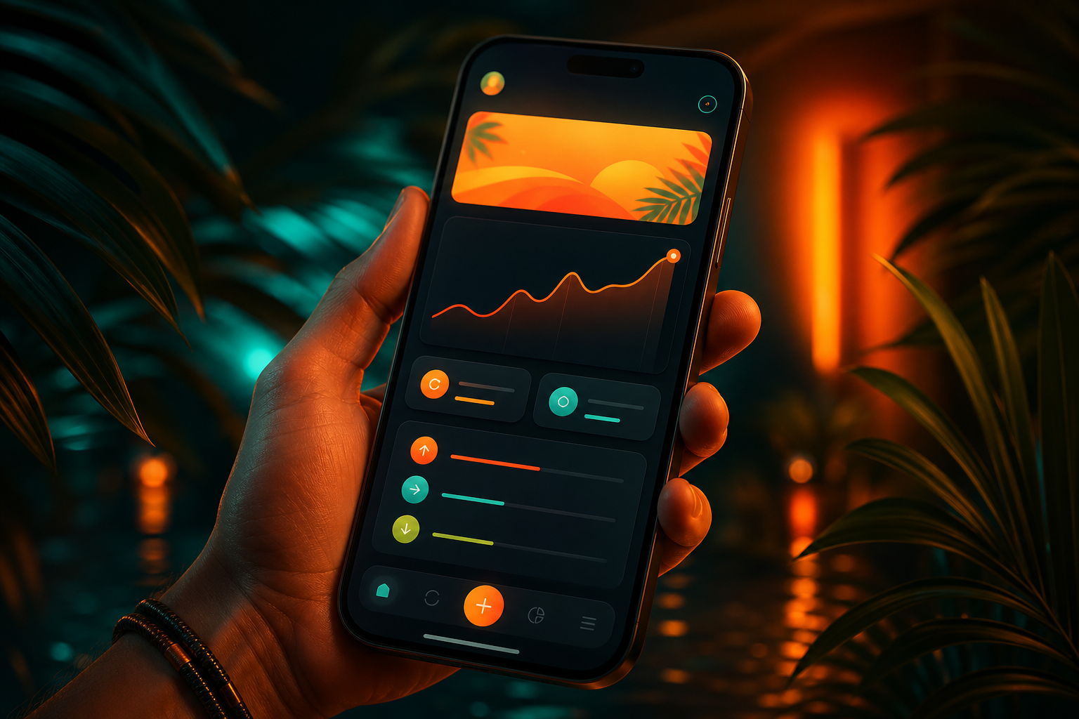 Fintech mobile app mockup in dark mode with electric indigo accents and glass UI.