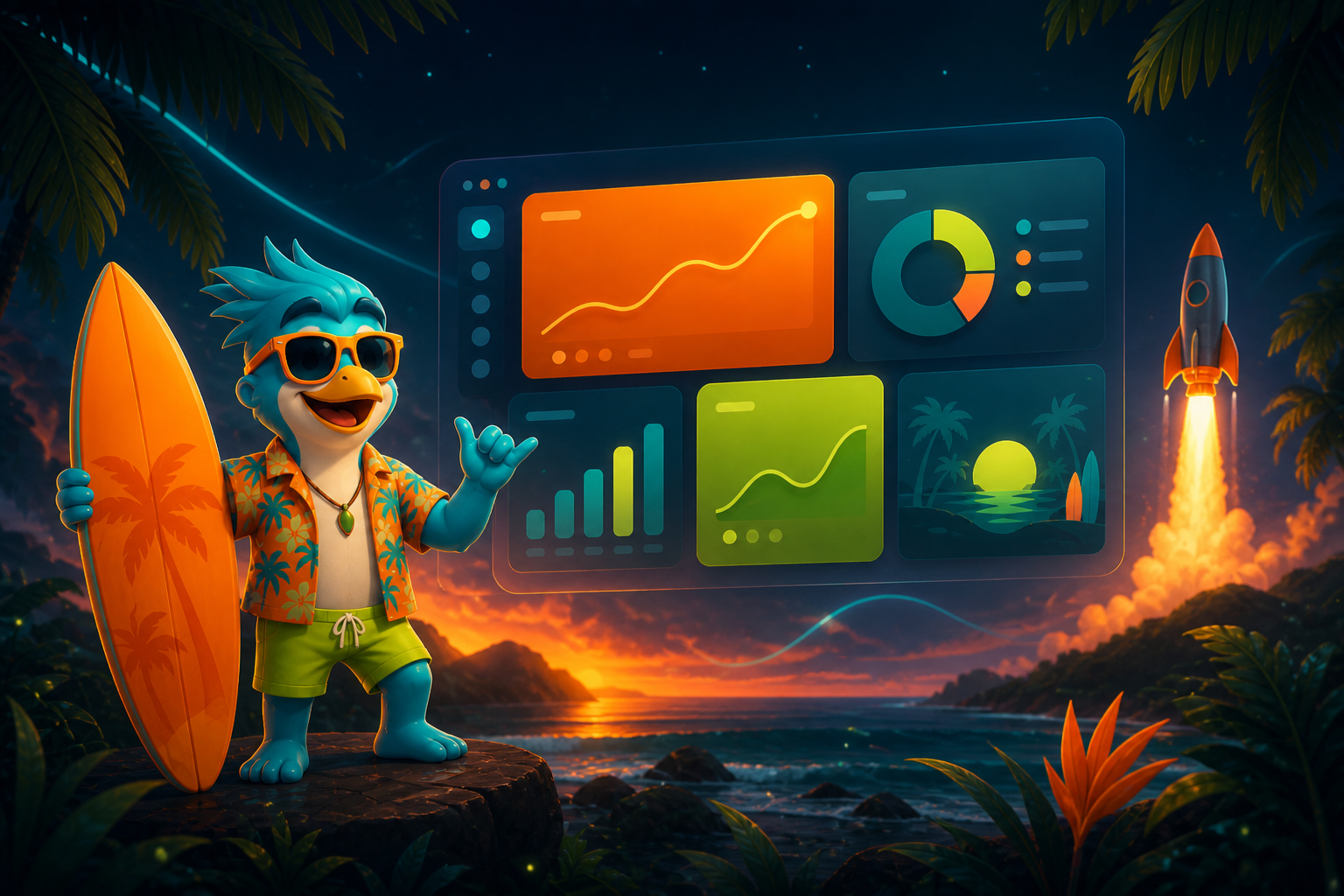 Tropical mascot celebrating a live product launch beside a glowing dashboard and rocket.
