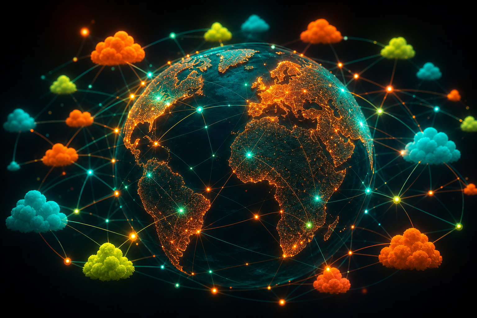 Abstract world network cloud nodes with electric indigo connections on dark background.
